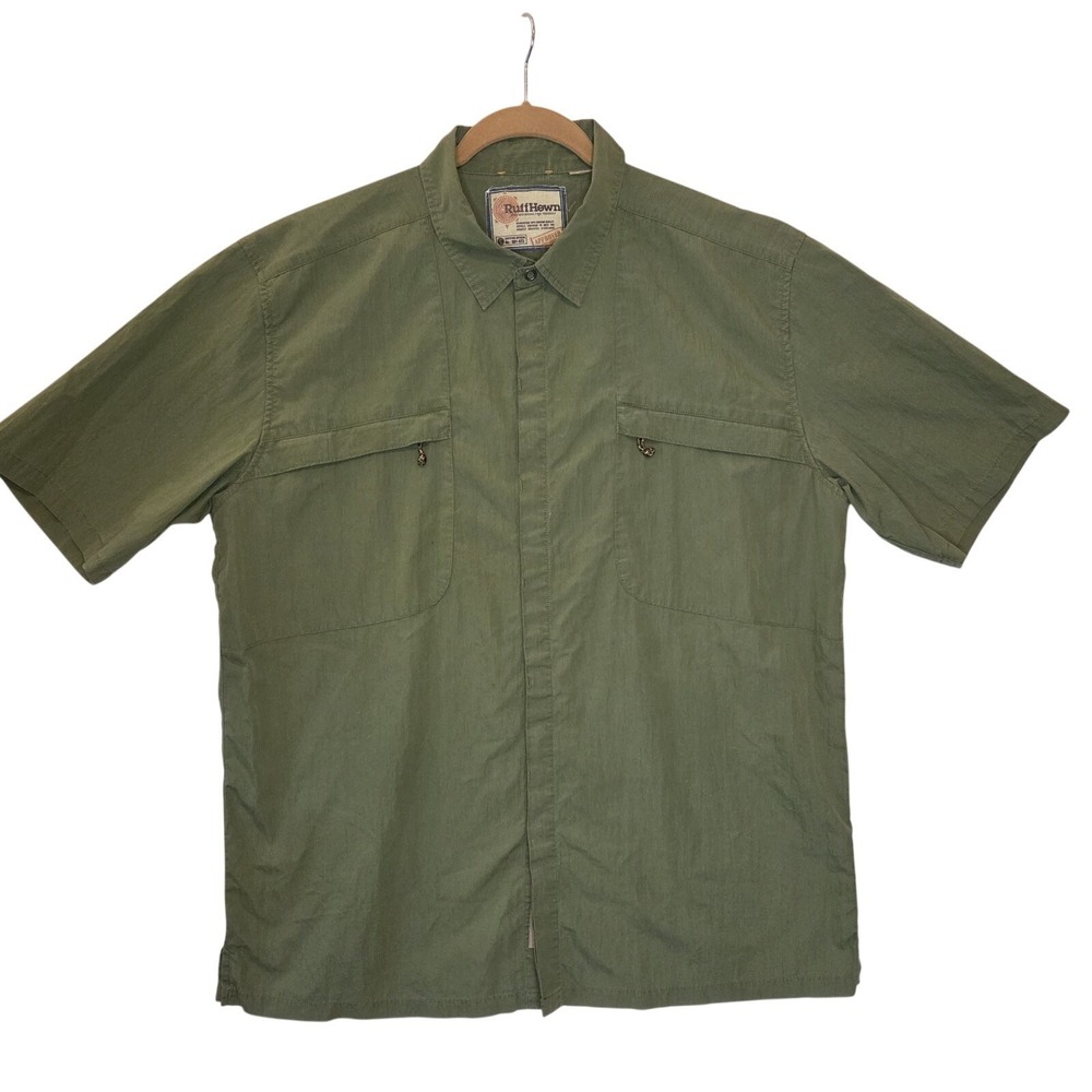 RuffHewn Mens Short Sleeve Utility Button Up Shirt Olive Green XL 2XL READ